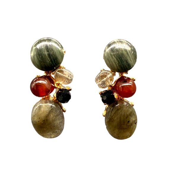 Multicolor Stones Beaded Crystal Cluster Dangle Drop Earrings Boho Gold Tone - Picture 1 of 5
